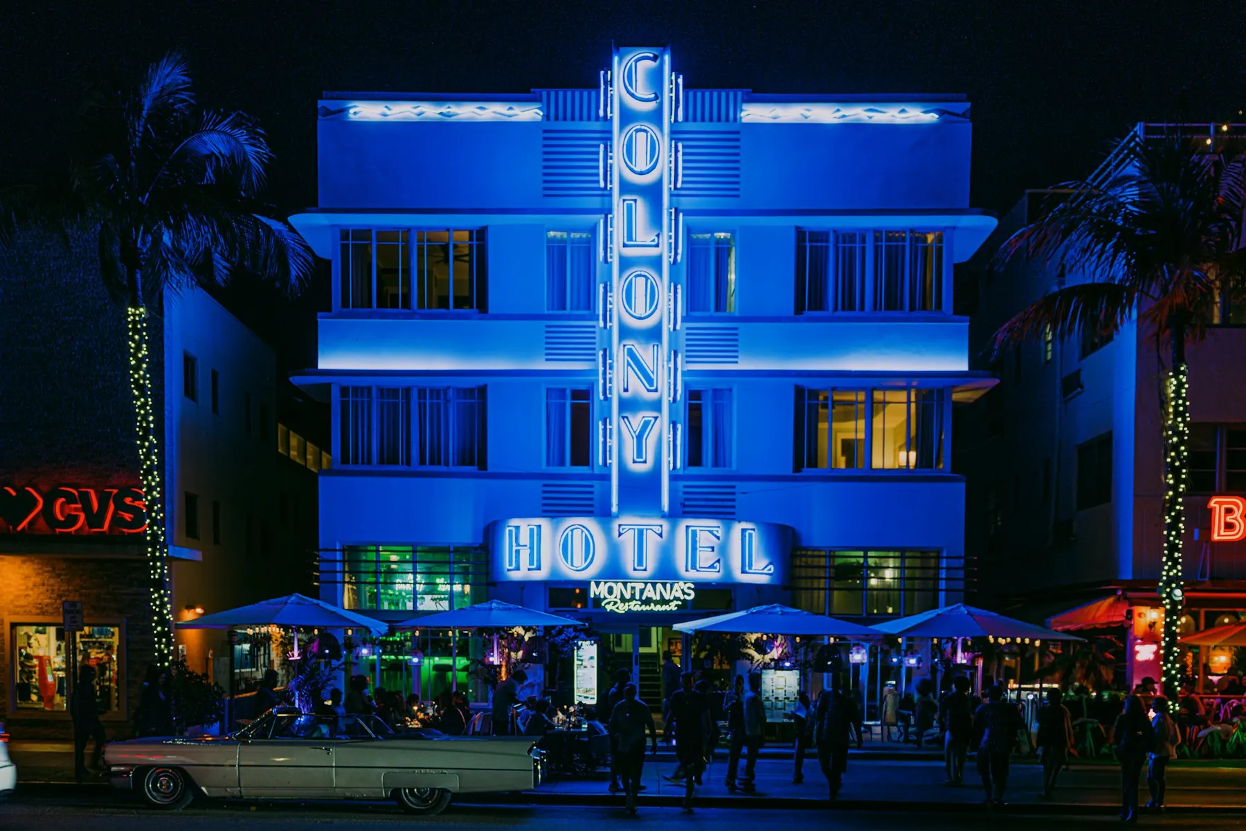 The Colony Hotel on Ocean Drive, Miami Beach, lit up at night
